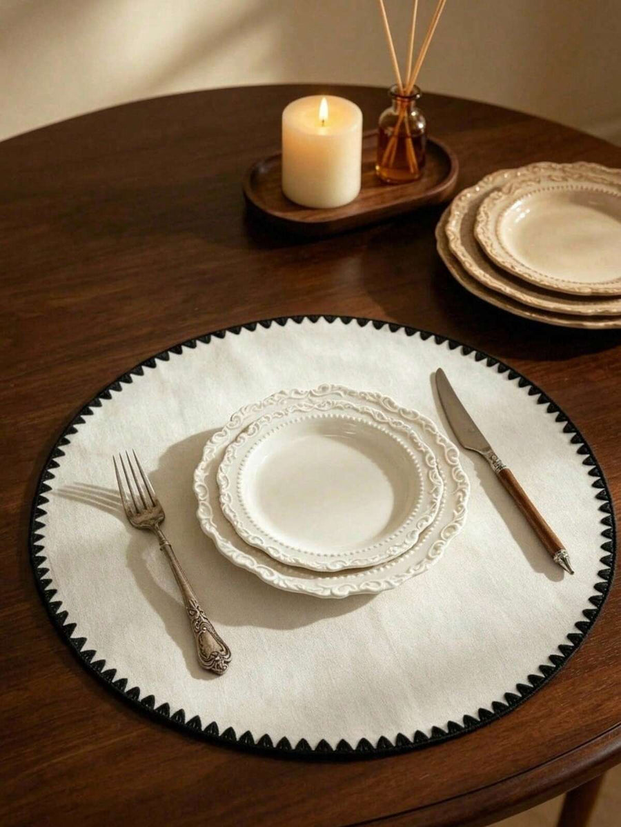 Cirelle 1pc Elegant Round Placemats For Dining Table, Heat Resistant Fabric Table Mats With Scalloped Embroidered Border, Modern Farmhouse Circle Place Mats
